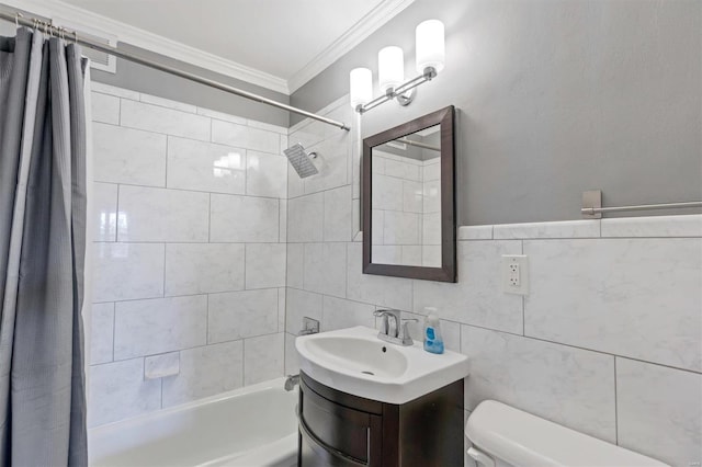 full bathroom featuring toilet, shower / bath combo with shower curtain, vanity, crown molding, and tile walls