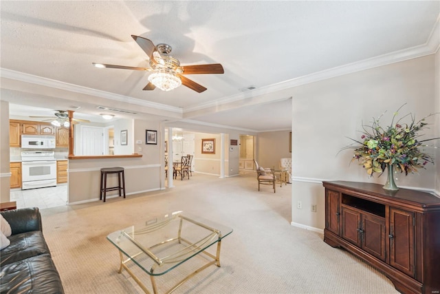 living room with crown molding and light colored carpet