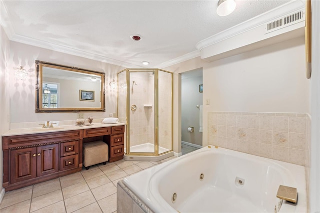 bathroom featuring a textured ceiling, independent shower and bath, vanity, crown molding, and tile patterned floors