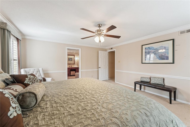 carpeted bedroom with ceiling fan and ornamental molding