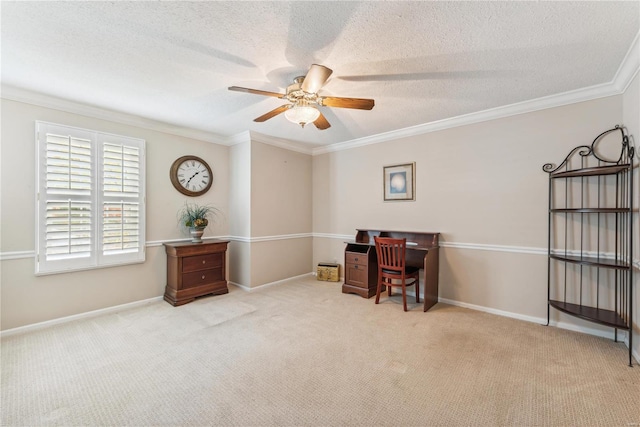 carpeted office space with crown molding, a textured ceiling, and ceiling fan