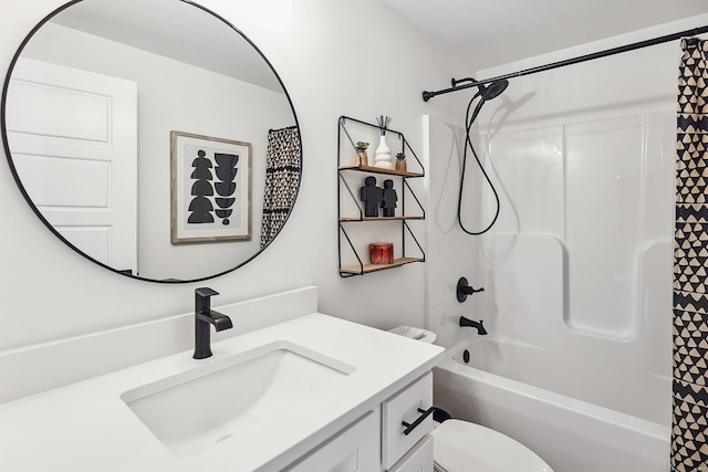 full bathroom featuring vanity, toilet, and shower / bathtub combination with curtain