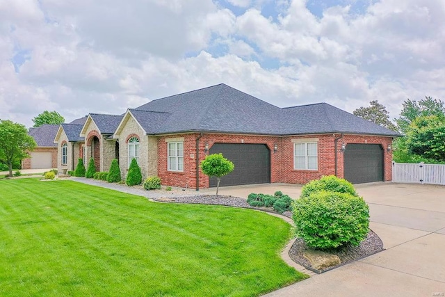 view of front of property featuring a front lawn and a garage