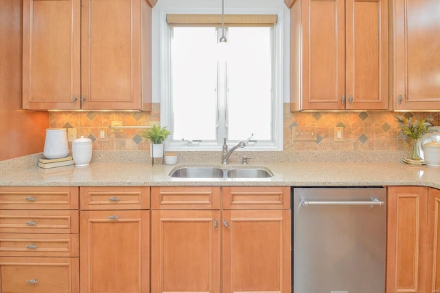 kitchen with decorative backsplash, dishwasher, sink, and light stone counters