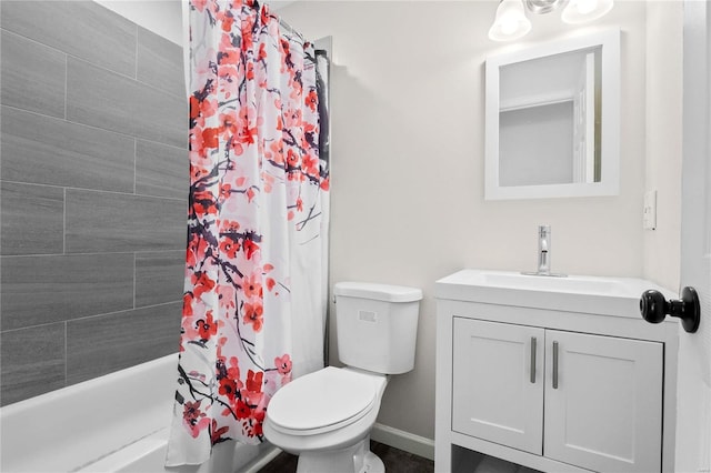 full bathroom with vanity, toilet, and shower / bathtub combination with curtain