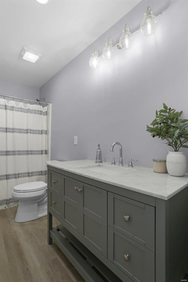 bathroom with toilet, hardwood / wood-style flooring, and vanity