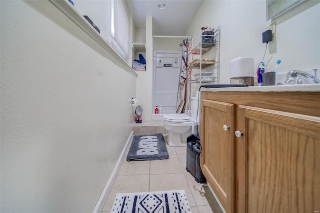 full bathroom featuring toilet, tile patterned flooring, vaulted ceiling, vanity, and shower / bathtub combination with curtain