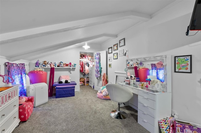 bedroom featuring crown molding, carpet floors, and lofted ceiling with beams