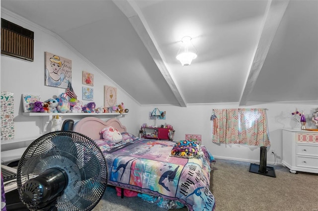 carpeted bedroom featuring vaulted ceiling with beams