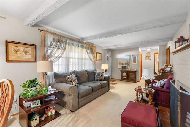 carpeted living room with beam ceiling