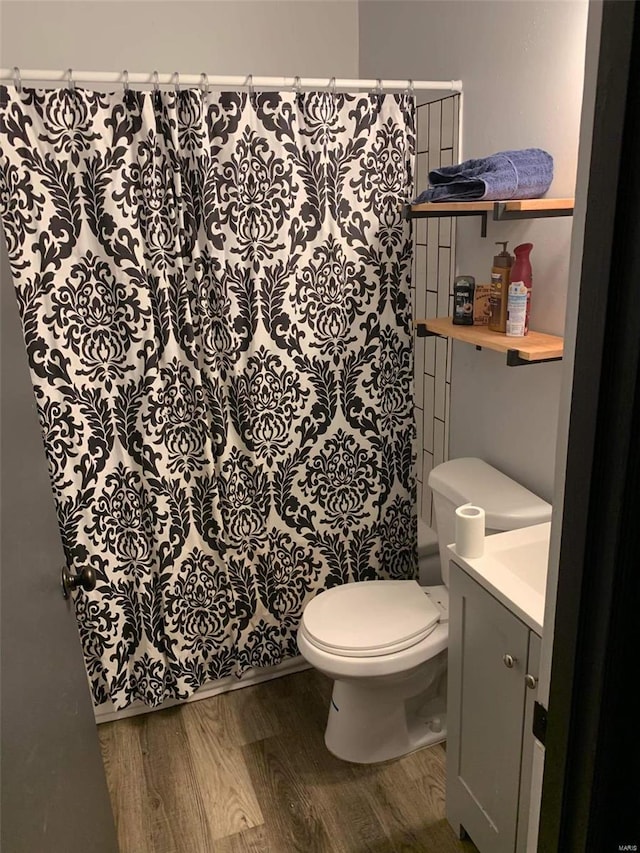 bathroom featuring vanity, hardwood / wood-style floors, and toilet