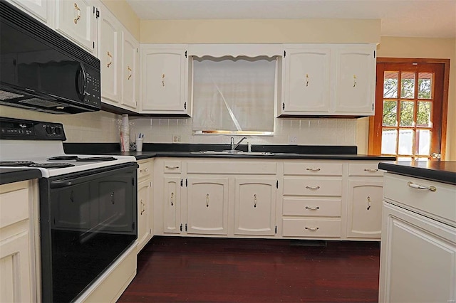 kitchen with white cabinets, backsplash, dark hardwood / wood-style flooring, white electric range, and sink