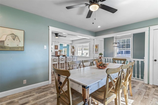 dining area with ceiling fan and light hardwood / wood-style flooring