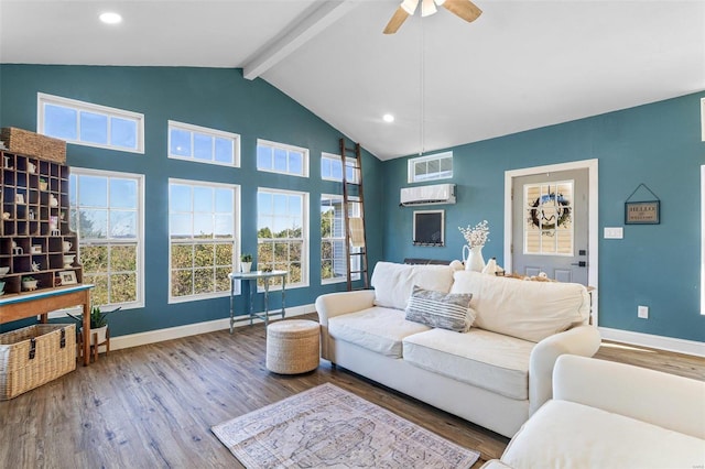 living room with a wall mounted AC, lofted ceiling with beams, ceiling fan, and wood-type flooring