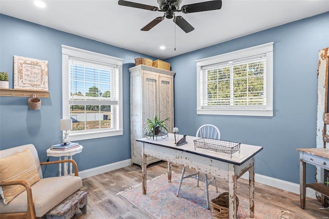 office featuring ceiling fan and light hardwood / wood-style floors