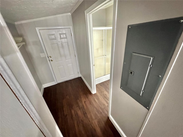 doorway to outside with ornamental molding and dark wood-type flooring