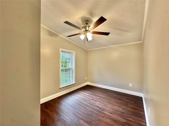 unfurnished room with lofted ceiling, crown molding, ceiling fan, a textured ceiling, and dark hardwood / wood-style flooring