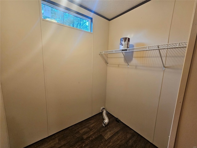 washroom featuring dark wood-type flooring, a textured ceiling, and ornamental molding