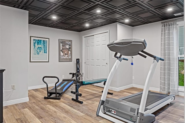 exercise area featuring light hardwood / wood-style floors