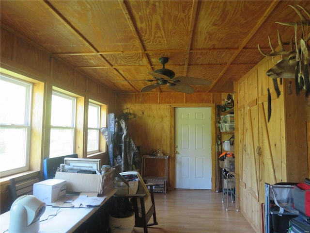 interior space with hardwood / wood-style floors, ceiling fan, wooden ceiling, and wood walls