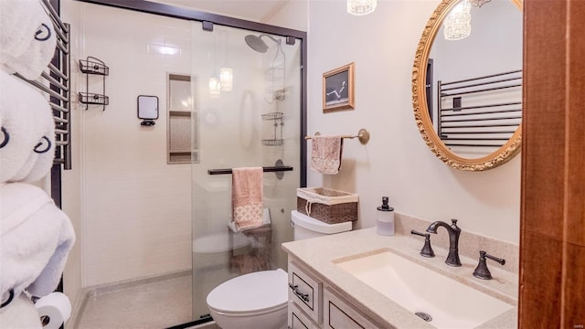 bathroom featuring vanity, toilet, and an enclosed shower