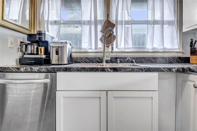 kitchen with stainless steel dishwasher and white cabinetry