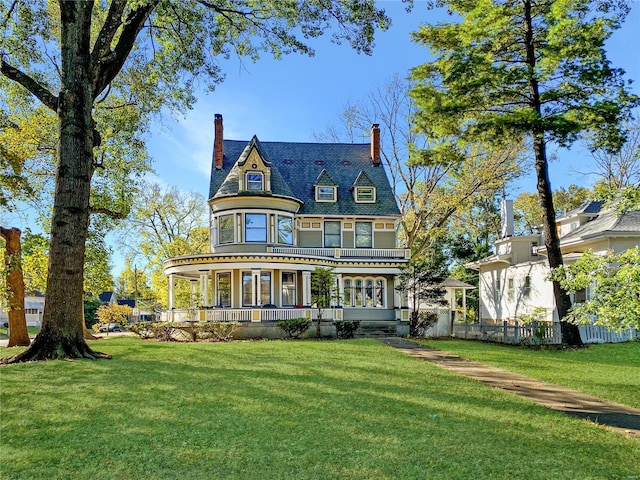 rear view of property featuring covered porch and a lawn