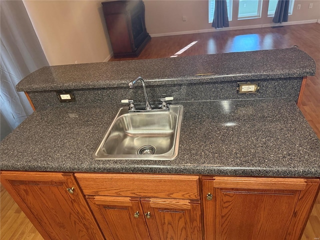 room details with sink and dark hardwood / wood-style flooring