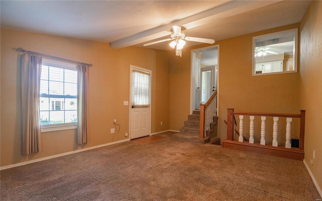 entryway with beamed ceiling, carpet flooring, and ceiling fan