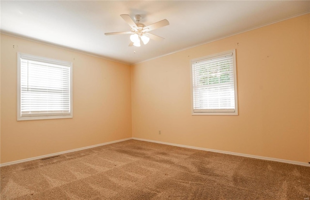 unfurnished room featuring ceiling fan, crown molding, and carpet