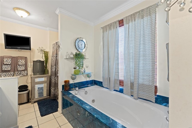 bathroom with ornamental molding, tiled tub, and tile patterned floors