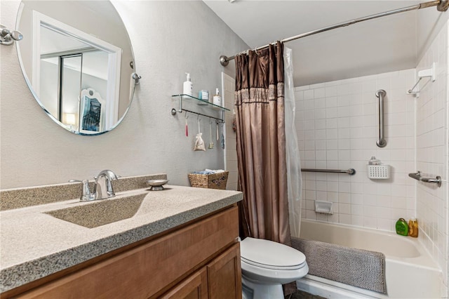 full bathroom with vanity, toilet, and shower / bath combo with shower curtain