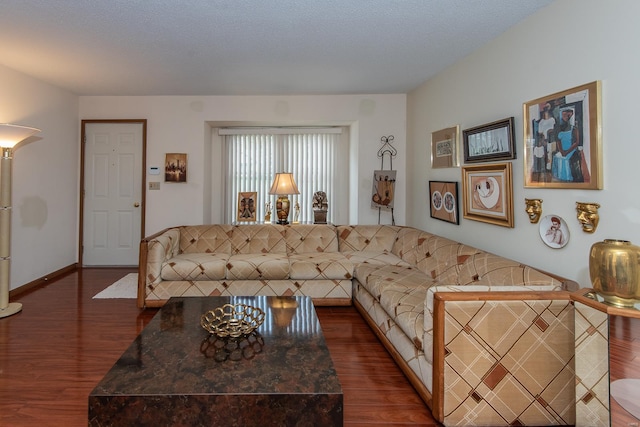 living room with a textured ceiling and dark hardwood / wood-style floors