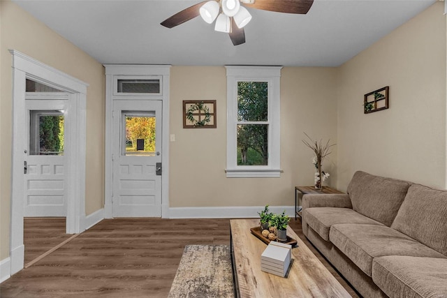 living room featuring a wealth of natural light, hardwood / wood-style flooring, and ceiling fan