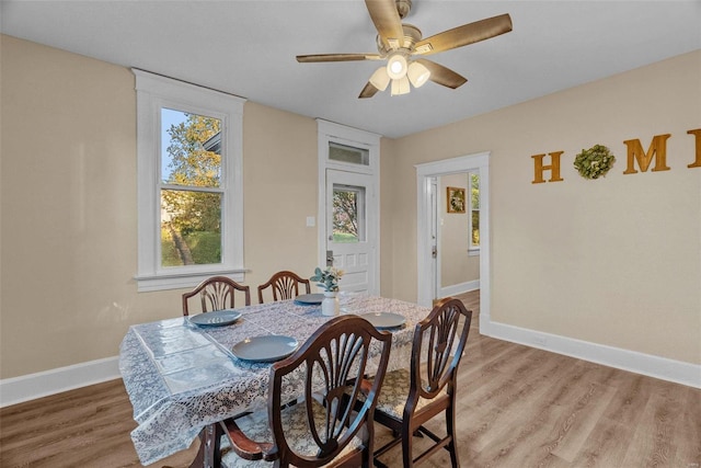 dining area featuring light wood-type flooring and ceiling fan