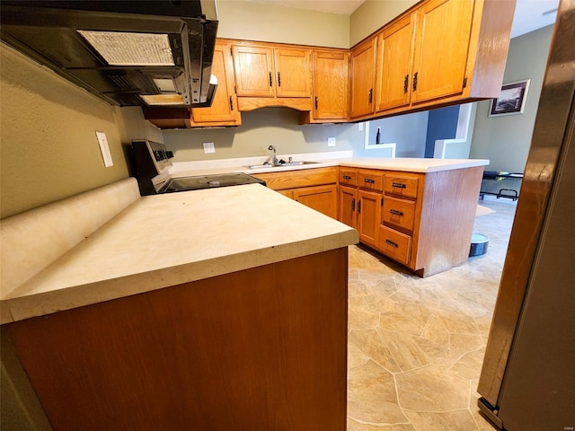 kitchen with sink, ventilation hood, kitchen peninsula, refrigerator, and range