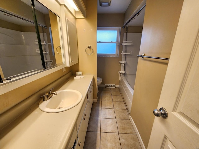 full bathroom featuring tile patterned flooring, vanity,  shower combination, and toilet