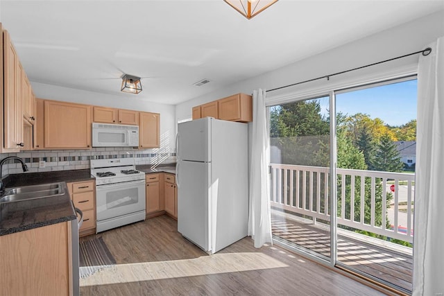 kitchen with sink, light hardwood / wood-style floors, white appliances, and plenty of natural light