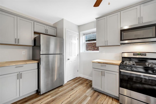 kitchen with butcher block countertops, ceiling fan, gray cabinetry, and stainless steel appliances