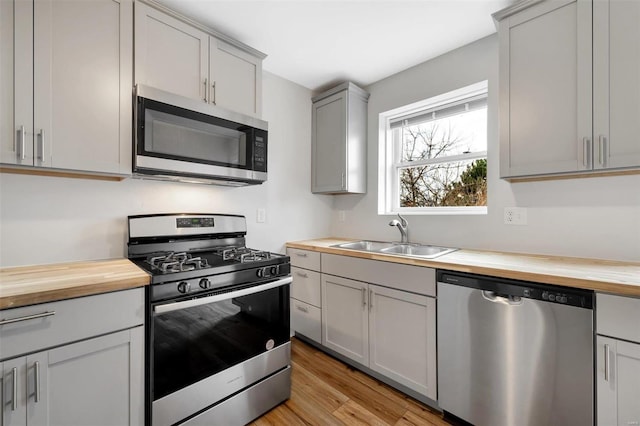 kitchen featuring gray cabinetry, stainless steel appliances, sink, light hardwood / wood-style floors, and butcher block counters