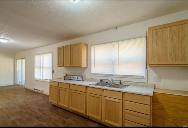 kitchen with a textured ceiling, dark hardwood / wood-style flooring, light brown cabinets, and sink