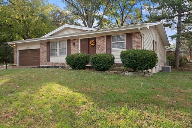 single story home featuring central AC, a front yard, and a garage