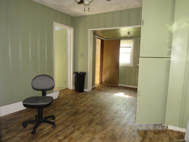 interior space with ceiling fan and hardwood / wood-style floors