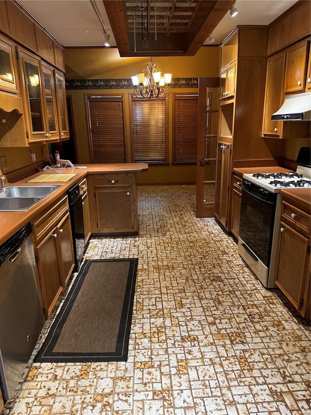 kitchen featuring sink, white range, stainless steel dishwasher, custom exhaust hood, and an inviting chandelier