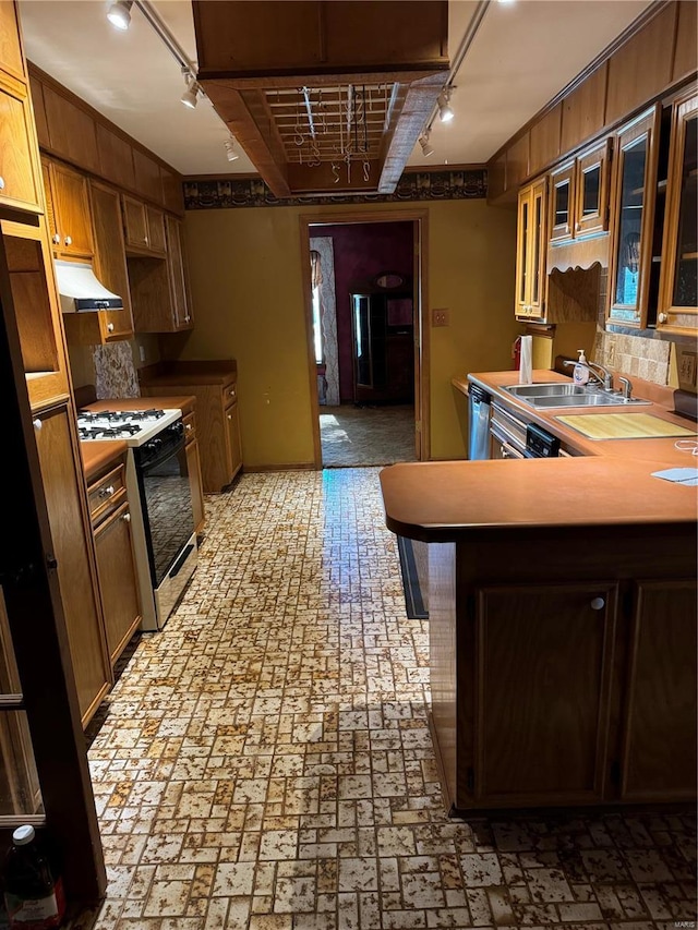 kitchen featuring tasteful backsplash, sink, dishwasher, range, and kitchen peninsula