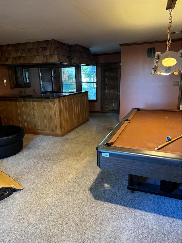 recreation room with carpet and billiards