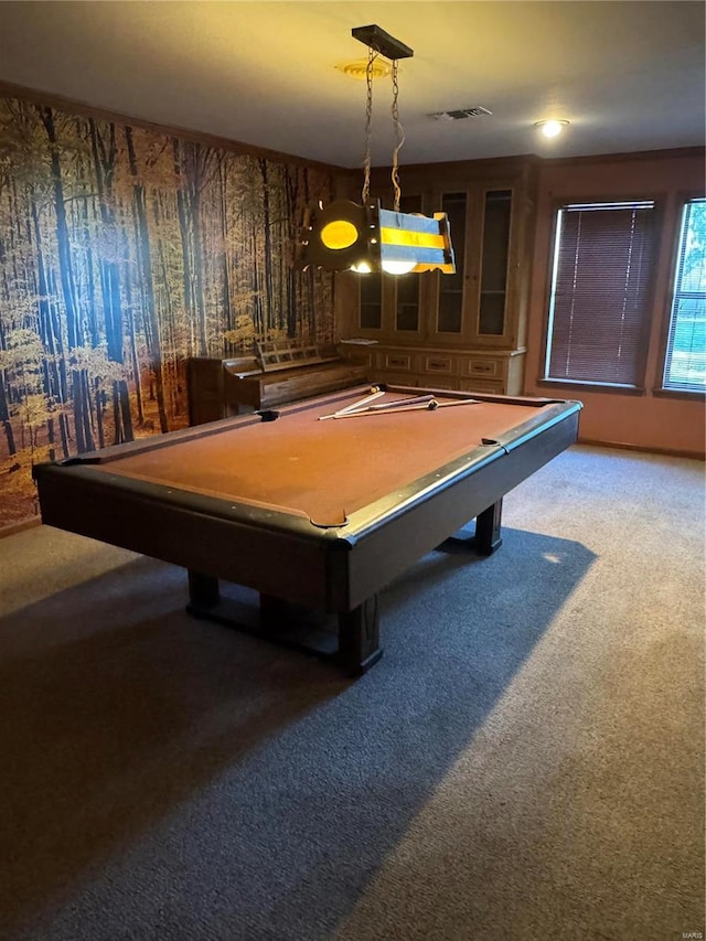 playroom with pool table and carpet floors