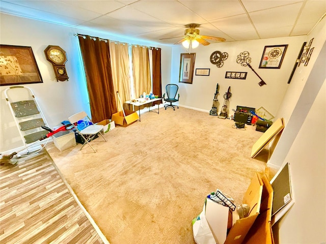 exercise area featuring ceiling fan and hardwood / wood-style floors