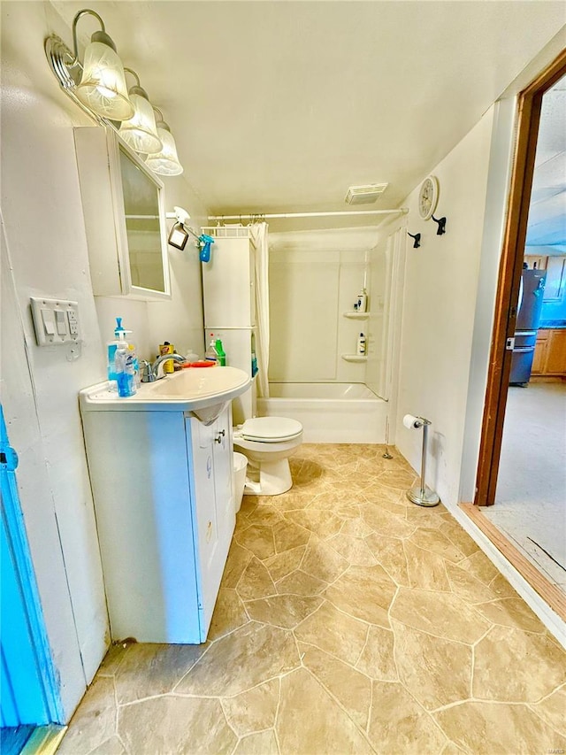 full bathroom featuring vanity, toilet, and shower / bathtub combination with curtain