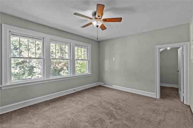 carpeted spare room with ceiling fan, a textured ceiling, and a wealth of natural light